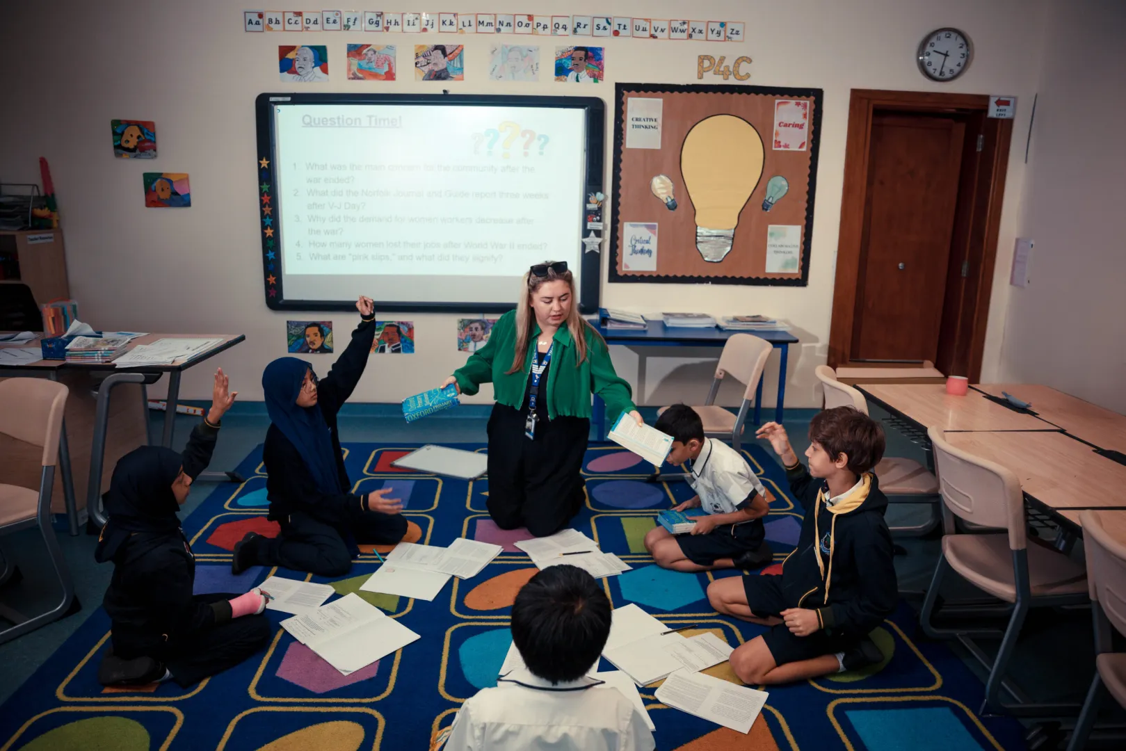 Students participating in a Philosophy for Children (P4C) session at Newton Group of Schools to develop critical and creative thinking.