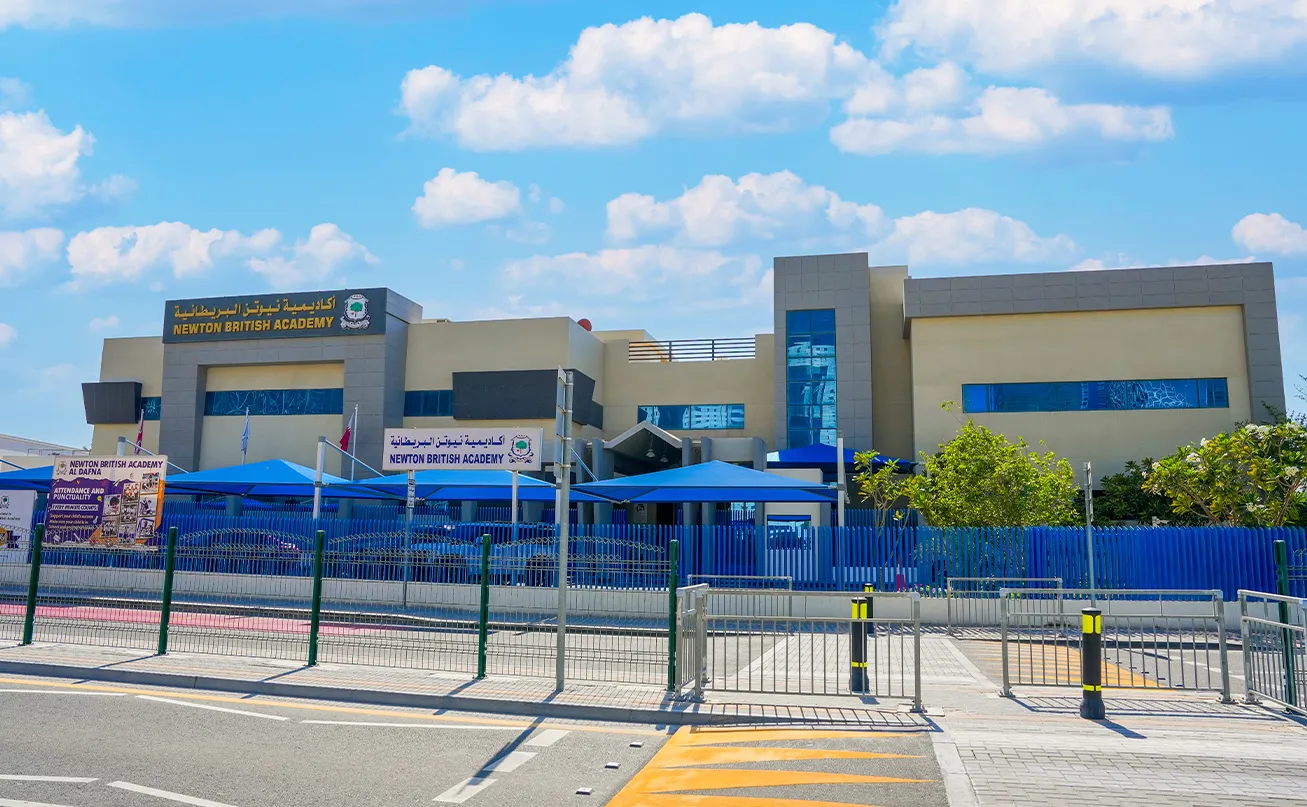 The exterior entrance of Newton British Academy (NBA) in the Al Dafna district, Doha.
